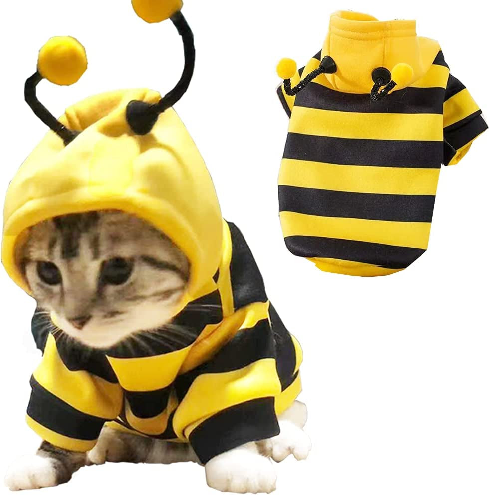 Funny Dog Hoodie Sweatshirt, Holiday Cat Sweater, Warm Clothes for Small Dogs, Yellow Cat Outfit, Puppy Hooded Coat, Pet Bee Costume for Halloween Christmas (Yellow, X-Large)
