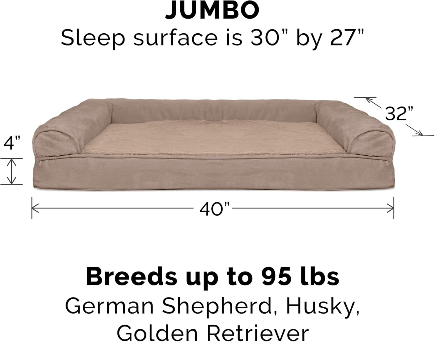 Orthopedic Dog Bed for Large Dogs W/ Removable Bolsters & Washable Cover, for Dogs up to 95 Lbs - Plush & Suede Sofa - Almondine, Jumbo/Xl