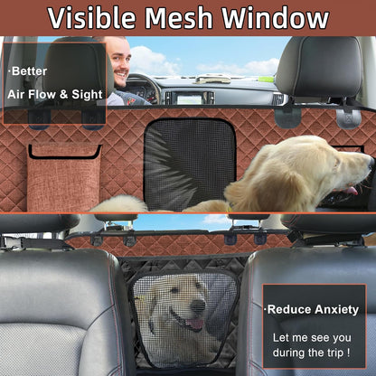 Car Dog Hammock - Waterproof Seat Cover with Mesh Window and Big Pocket for Back Seat - Nonslip Rubber Back, Washable Luxury Material for Car/Suv