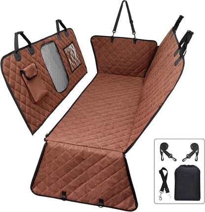 Car Dog Hammock - Waterproof Seat Cover with Mesh Window and Big Pocket for Back Seat - Nonslip Rubber Back, Washable Luxury Material for Car/Suv