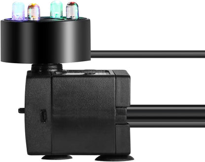 Water Fountain Pump with 4 LED Light Super Silent Small Submersible Water Pump (180L/H 3.5W) 50GPH for Fish Tank, Aquarium
